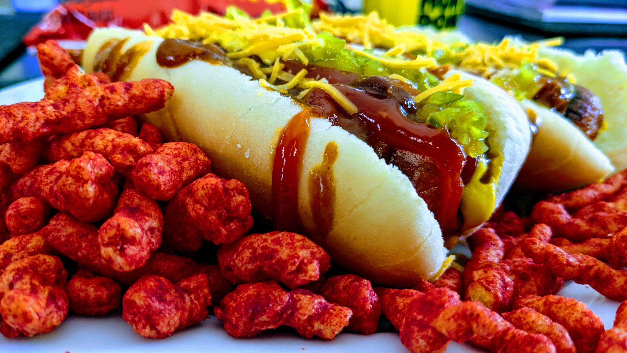 Natural casing dogs with Flamin' Hot Cheetos.